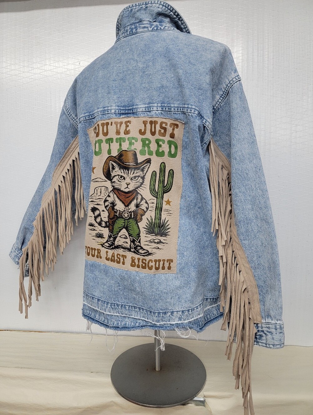 Western Denim Fringe Pullover Tunic Shirt Jacket with Western Cat - Upcycled - Picture 3 of 10